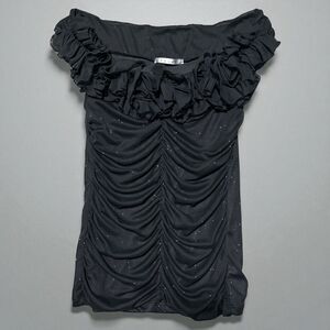 Easel Shirt M Off Shoulder Ruffle Ruched Black Sparkle Goth Babydoll Coquette